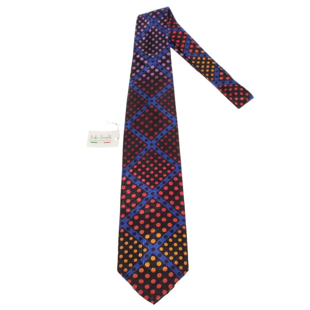 Italo Ferretti NWT Neck Tie in Black with Multicolor Polka Dots 100% Silk